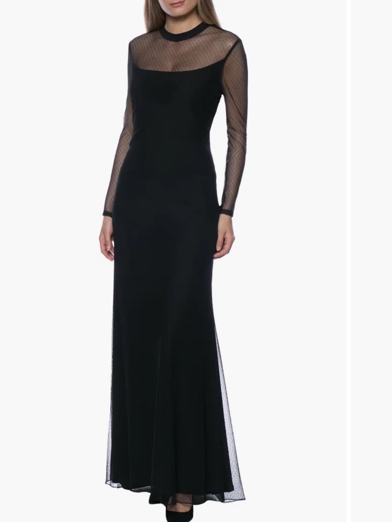 Marina Elegant Black Mesh Dotted Long-Sleeve Evening Dress
